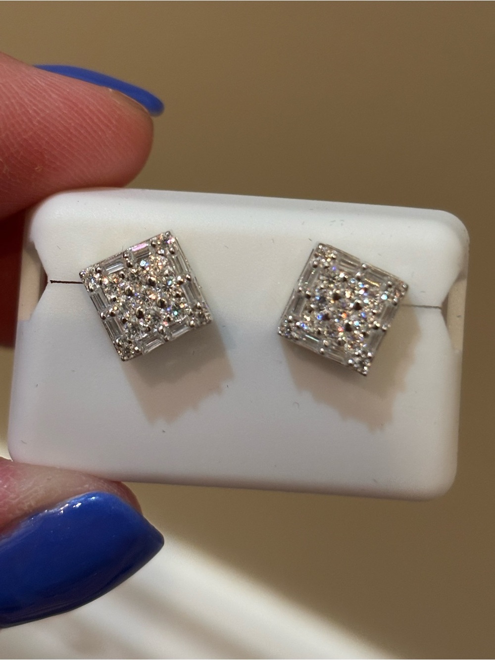 Diamond Moissanite Cluster Square Stud Earrings - White Gold Tone